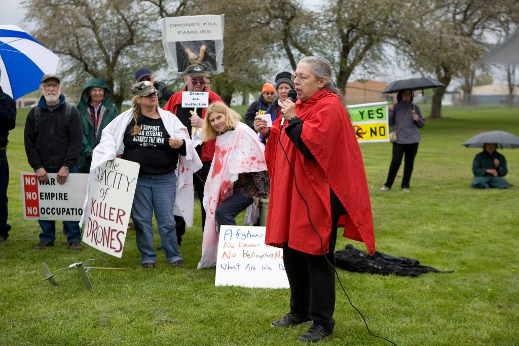 2010: Rae speaking at the Hancock drone base protest.
